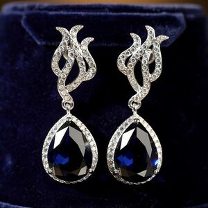 Blue Teardrop Crystal Earrings w/ CZ Accents Silver Tone Drop Dangle